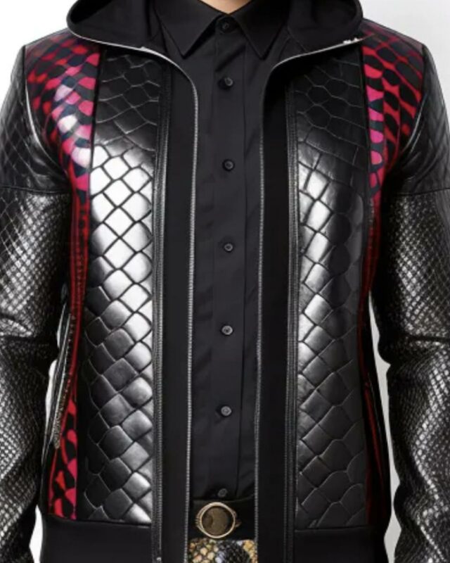 Crocodile leather jacket zip front colour black and deep pink.