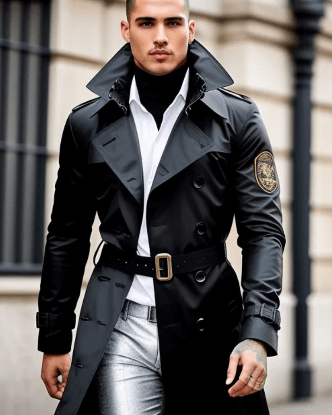 3046 Double breasted trench coat military style in black