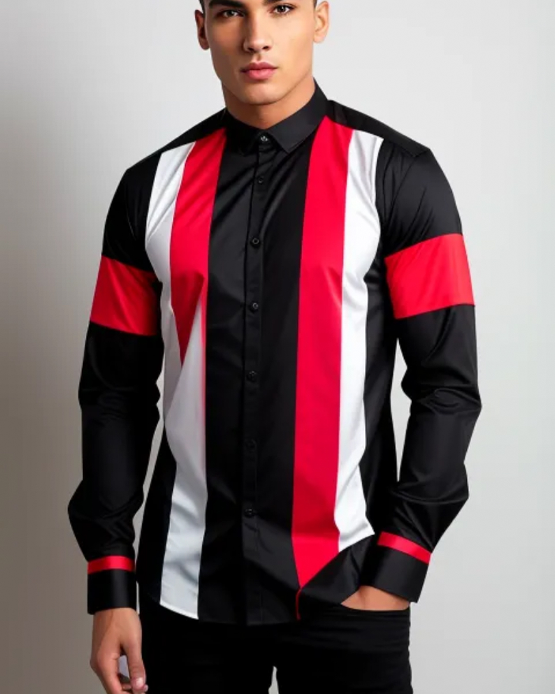 IMG_2778.PNG-£145-(4) Smart shirt in black, red and white stripe.
